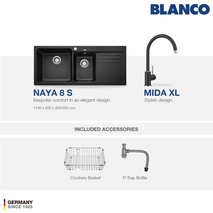 Kitchen Sink Bak Cuci Piring Granit 2 Lubang Sayap BLANCO Silgranit NAYA 8S - Paket Kitchen Sink dan