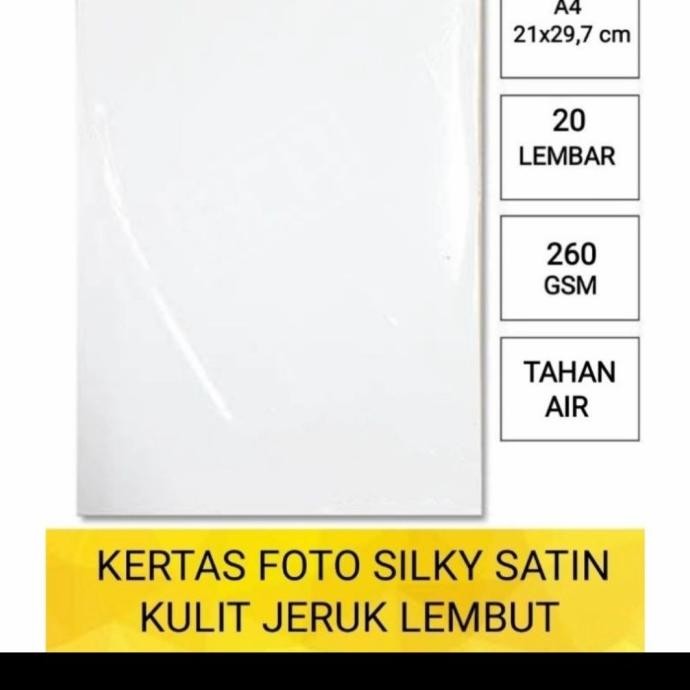 

SALE! KERTAS FOTO SILKY 260 GSM A4 ISI 20 / PHOTO PAPER KULIT JERUK SATIN