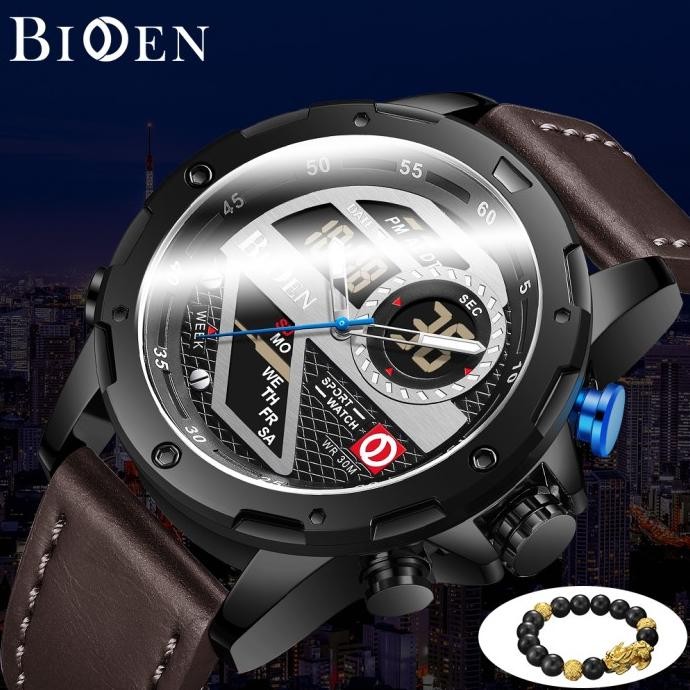 Biden Jam Tangan Pria Multifungsi Tali Kulit Mode Display Kuarsa Jam