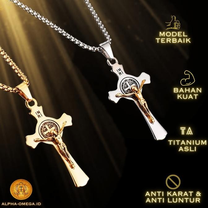 Kalung Salib Katolik Medali St Santo Benediktus Titanium | Pria Cowok