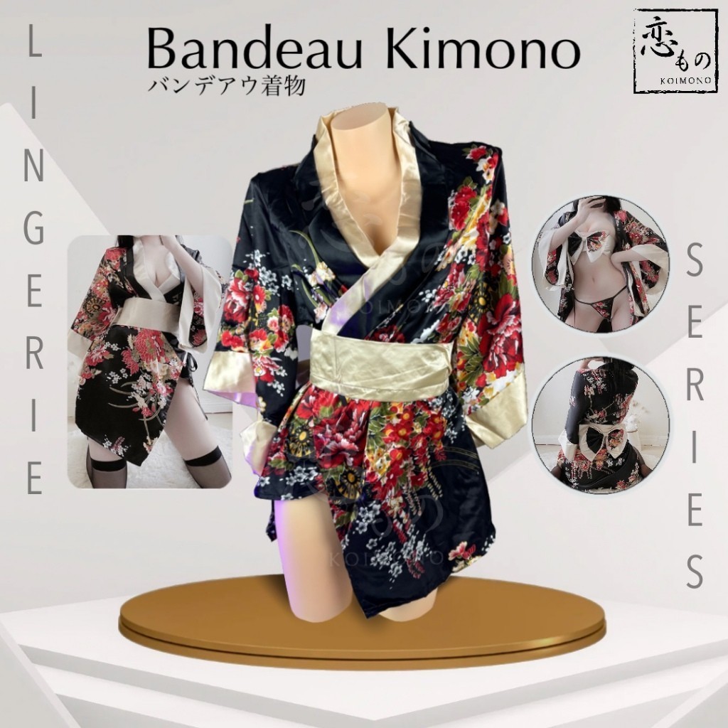 KOIMONO Bow Bandeau Kimono - Black Floral Print Japanese Style Kimono Oriental Lingerie Set / Linger