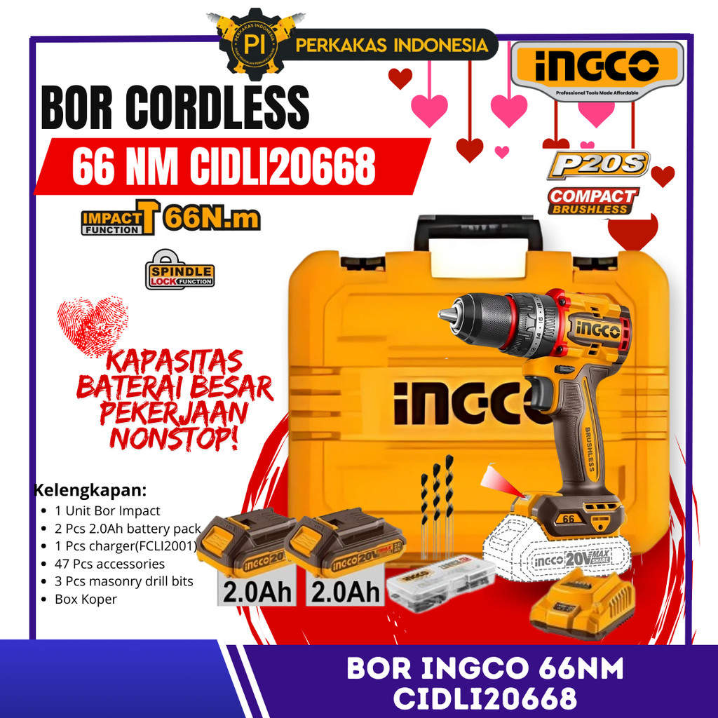 Mesin Bor Cordless INGCO 66Nm CIDLI20668 SET 20V BRUSHLESS Mesin Bor Portable Impact Hammer Drill Bo