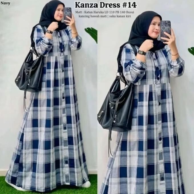 Baju Gamis Wanita Muslim Kanza Dress Katun Haruka Garis Kotak Cantik Fashion Perempuan Dewasa Remaja