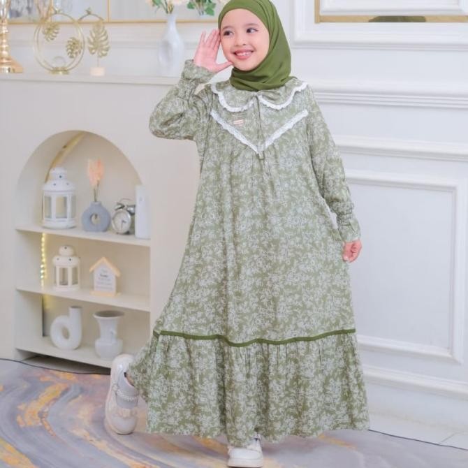 Gamis Anak Set Jilbab , Pakaian Muslim Anak Perempuan,Kombinasi Renda Dada, Bahan Katun Rayon Olinst