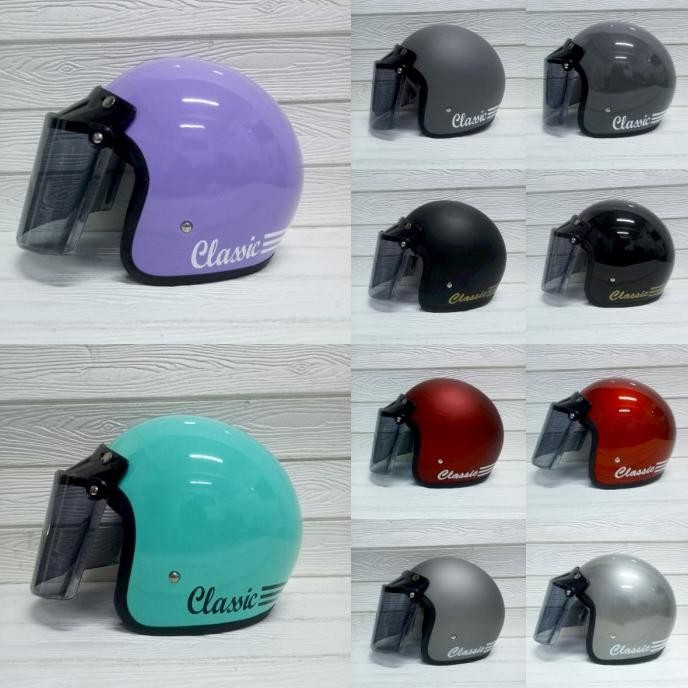 Helm Bogo Retro Dewasa Helm Polos Classic Garis 3 Flat Smoke Original