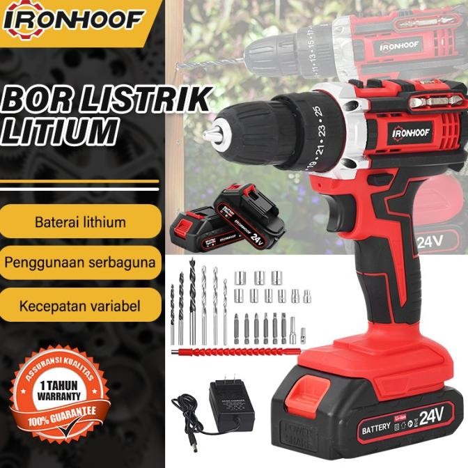 IRONHOOF Mesin Bor Listrik Bor Baterai Bor Tanpa kabel 24V Set Lengkap