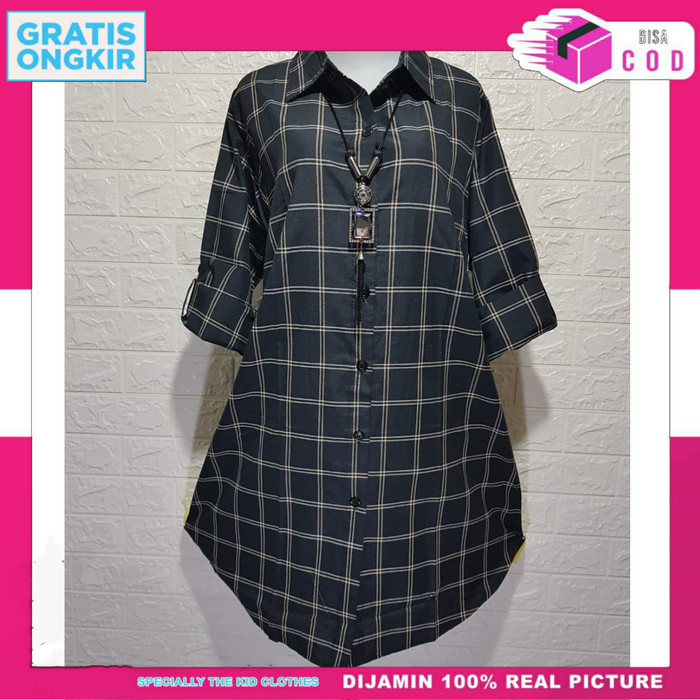 Tunik Tunik Wanita Lengan Panjang Panjang Motif Kotak-Kotak T.091 All Size - Hitam kekinian terbaru 