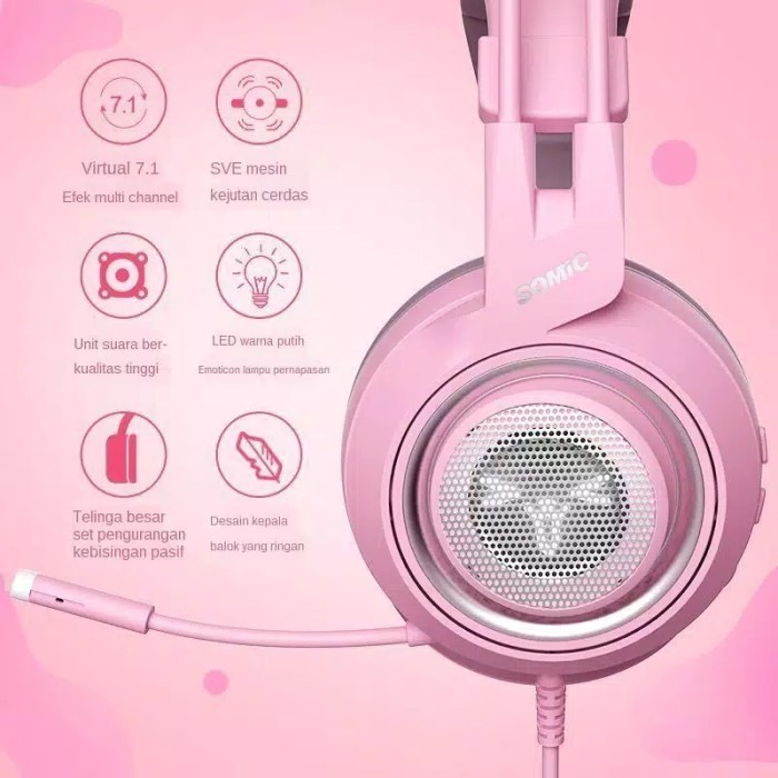 Headset SOMIC G951 Headphone Gaming telinga Kucing Pink Nois 7.1