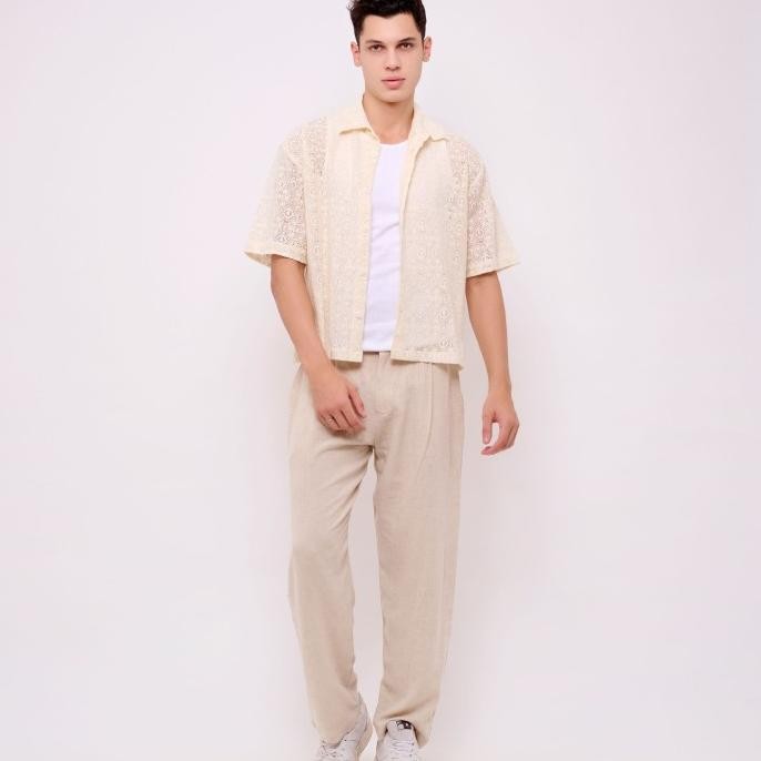 Kemeja Pendek Pria Outer Summer Santai Rajut Kuning Gading By Remedy Resort Wear - Bahiya Outer Shir