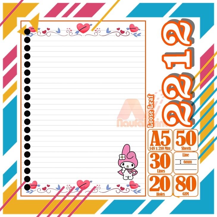 

Kertas Binder A5 Loose Leaf Polos putih Karakter Hello Kitty My Melody Cute Anime Lucu Love Pink Cewe Isi 50 Lembar Vol 25