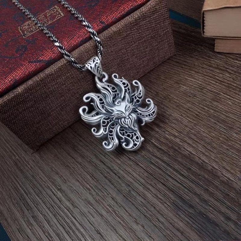 S925Sterling Silver Vintage Silk Hollow Nine-Tail Fox Pendant Necklace Women's Attracting Male Sweat