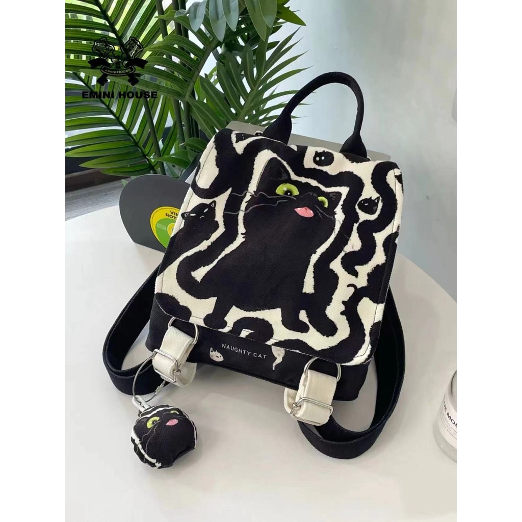 Ransel Kucing Hitam Lucu Tas Bahu Ransel Kanvas Kecil Komuter Wanita