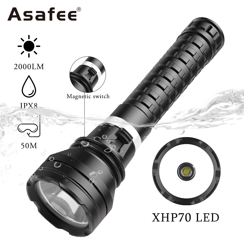 Asafee D856 XHP70 LED Diving Senter Senter 2000lm IPX8 Waterproof Waterproof Rechargeable 50m Diving