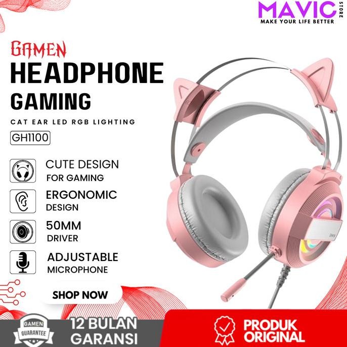GAMEN GH1100 Pink Headphone Gaming HP Wired Headset Cat Ear Cute RGB