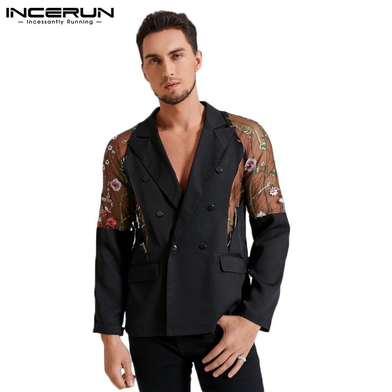 INCERUN Blazer Lengan Panjang Motif Bunga Bordir Seksi Tembus Pandang Kasual Bergaya Pria |70AE9883|