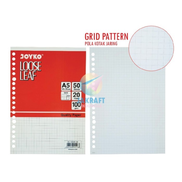 

Amberela - (50 Pcs) Kertas Binder Note Loose Leaf A5 Putih Grid Jaring Kotak Kecil Joyko 20 Lubang