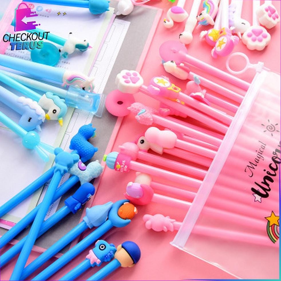 

h-4 CT A15 Pulpen Gel Karakter Lucu Set Isi 20PCS Pulpen dengan Tempat Pensil Transparan Alat Tulis Stastionary Pena FREE Zipper Pouch Original
