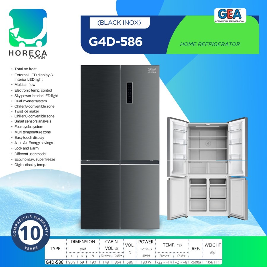 GEA Kulkas Rumah 4 Pintu BLACK INOX G4D-586 / G4D 586 / G4D586