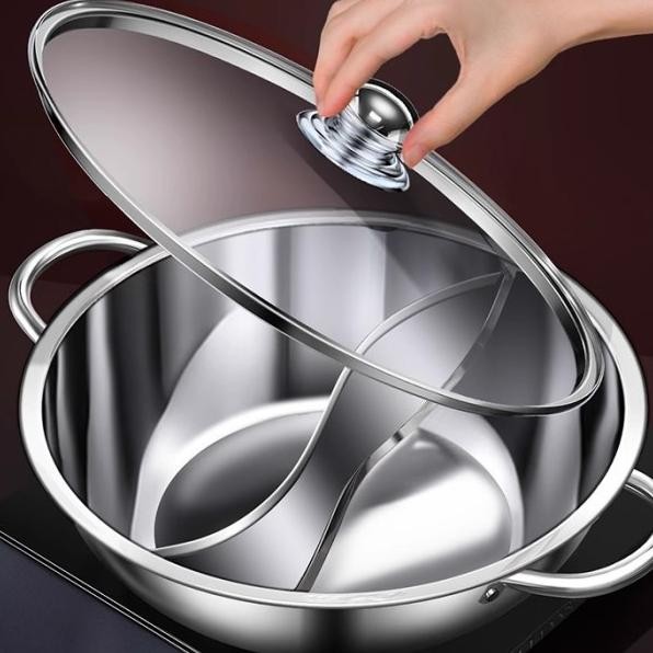 Panci Shabu 2 Sekat Panci Steamboat Bisa Kompor Induksi Stainless Plus Tutup Kaca Dua Sekat 30 Cm Pa
