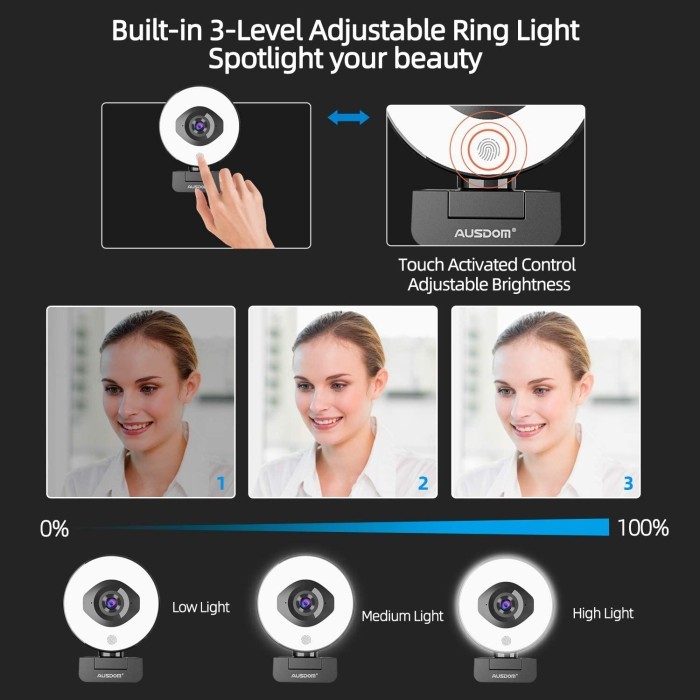 Ausdom Webcam 1080P 60Fps Autofocus With Tripod, Light - Af660