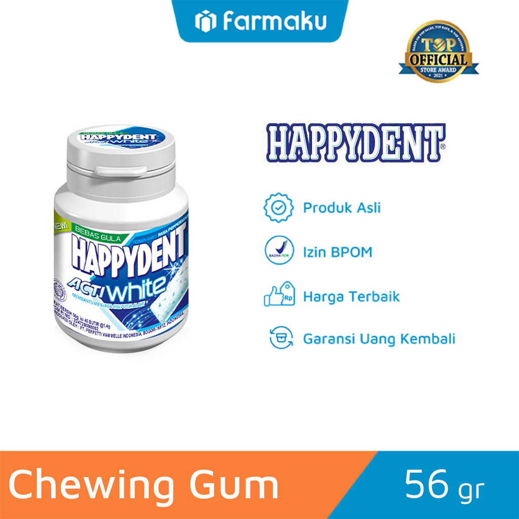 

Happydent Acti White Sugar Free 56 gr - Permen Karet Mint Bebas Gula