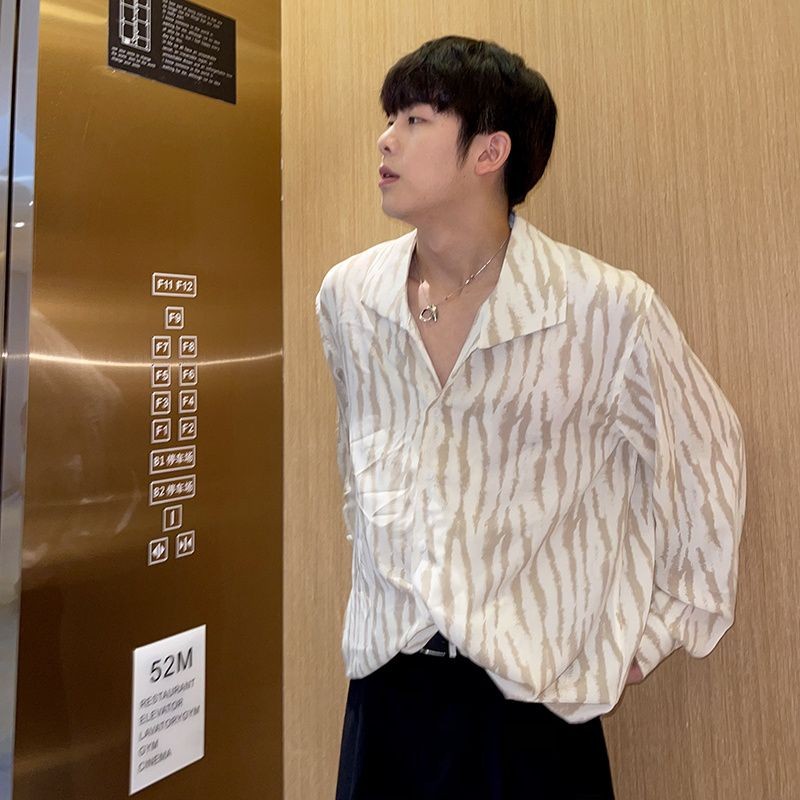 Kemeja Tampan, Baju Lengan Panjang Rumbai, Garis-garis, Gaya Korea, Zebra Senior