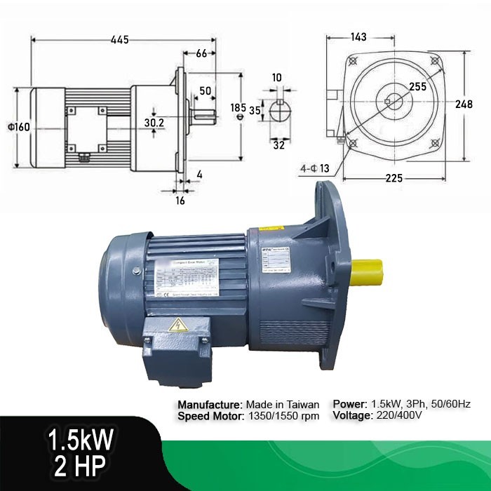 Motor induksi gearbox 3 Phase 2Hp (1.5KW) 4 Polei 1500rpm