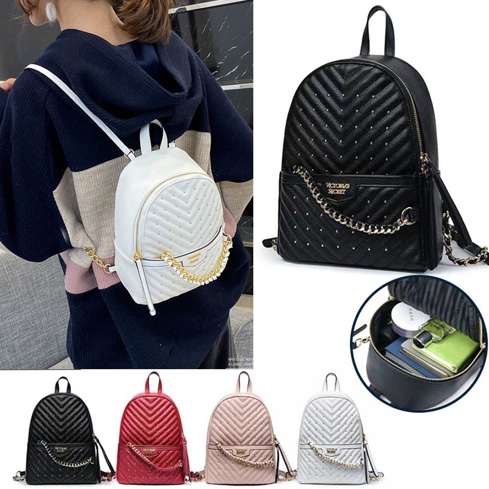 Victoria's Secret vs V Pola Kulit Kulit Ransel Kecil Dekorasi Rantai Mini Backpack Women Casual Scho
