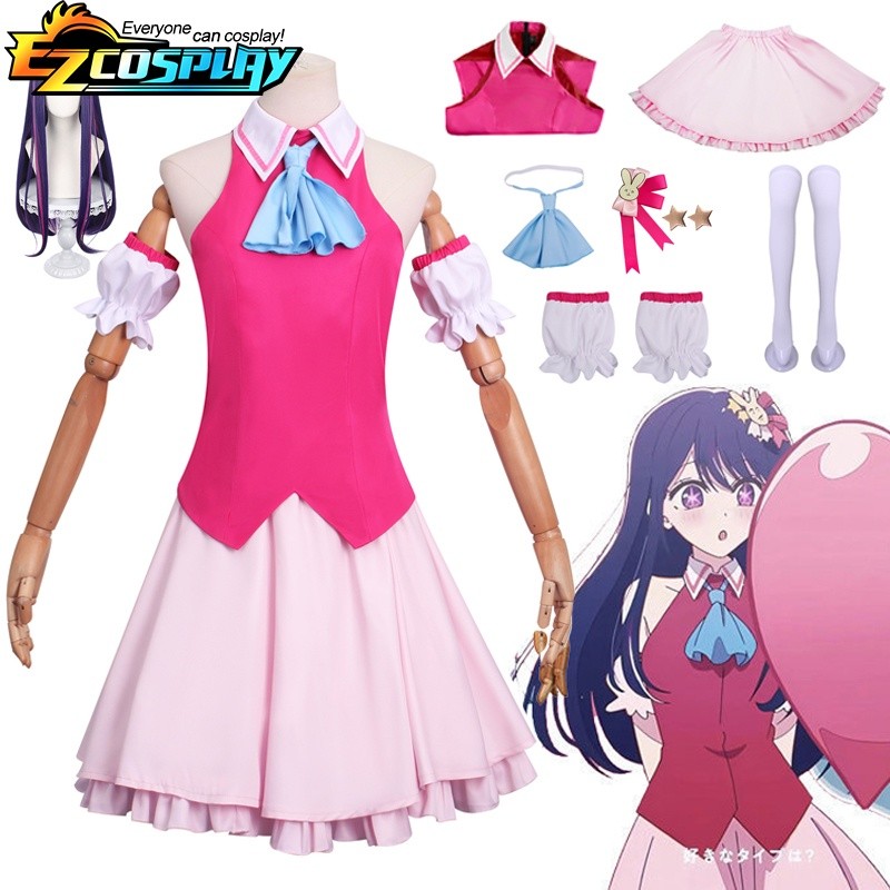 Kostum Cosplay Ai Hoshino Wig Cosplay Oshi No Ko Gaun Merah Pakaian Pertunjukan Jepit Rambut Kelinci