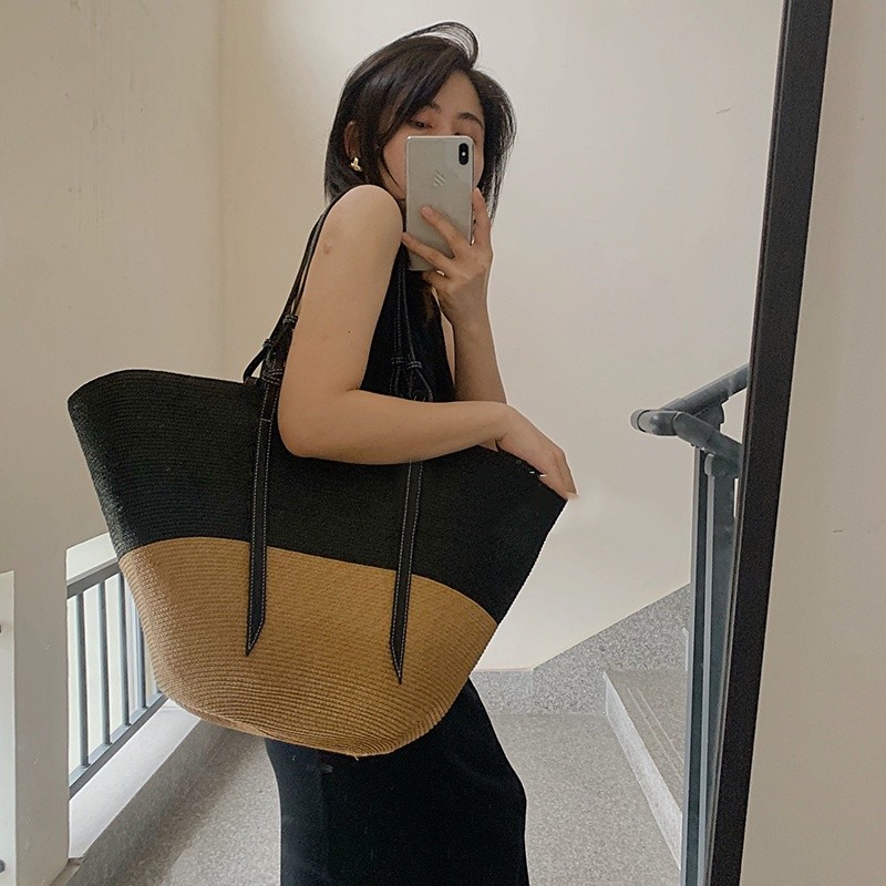 Tas Keranjang Jerami Pantai Musim Panas Tas Tote Kapasitas Besar Rotan Kasual Tas Bahu Anyaman Wanit