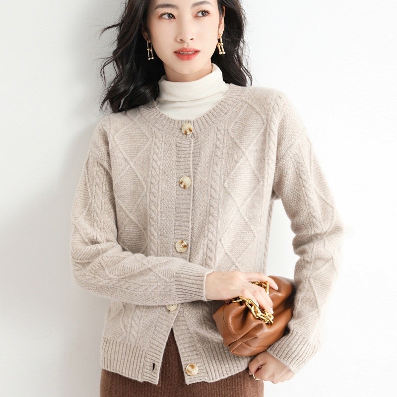 Kardigan Sweater Wanita Kabel Rajut Tebal Buka Depan Kancing Bawah Lengan Panjang Leher Kru Sweater 