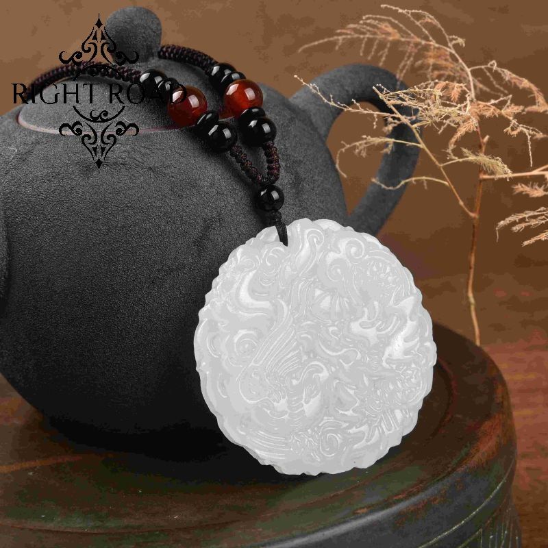 Dengan Sertifikat Kalung Jimat Keberuntungan 2024 Naga Phoenix Giok Putih Kalung Gantungan Kunci Ene