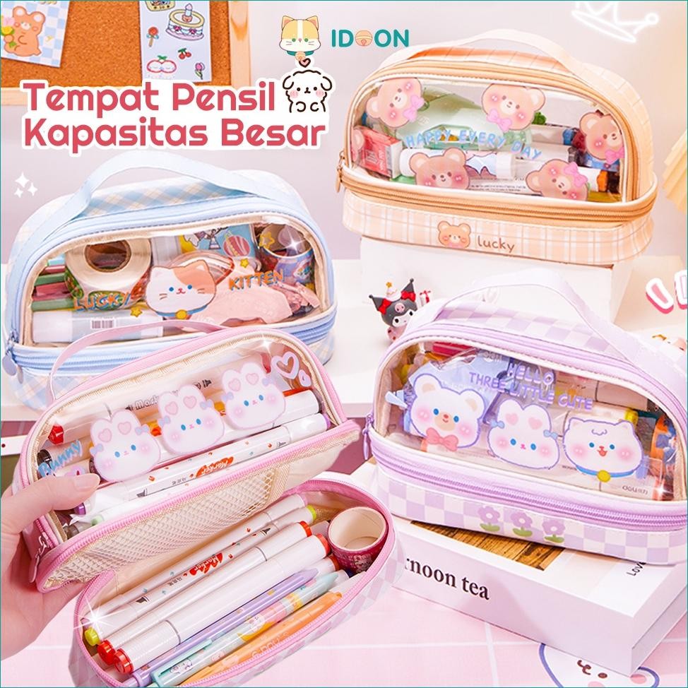 

ORIGINAL IDOON Pencil Case Transparan Korea Tempat Pensil Besar Dua Lapis Kotak Pensil Tempat Pola Hewan Lucu ng-65