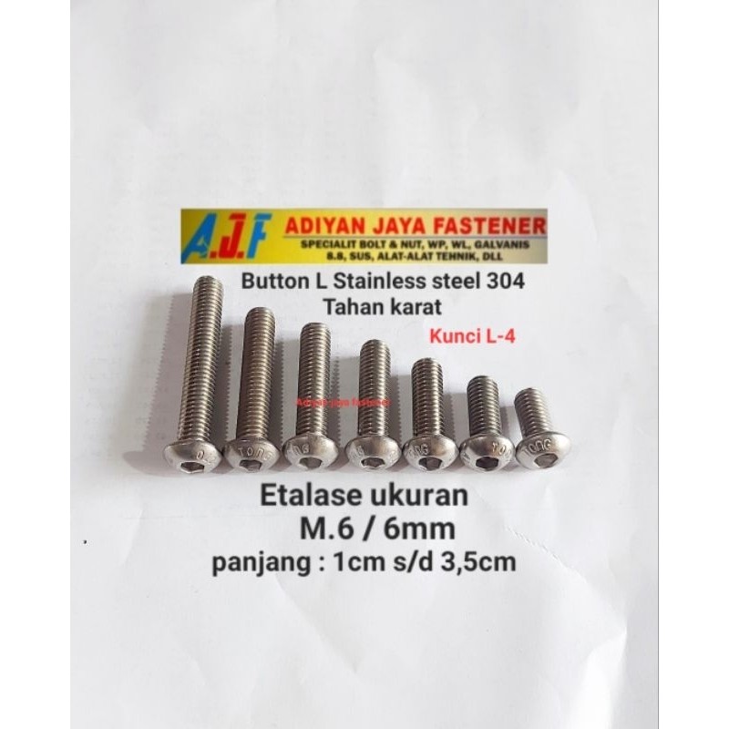 

BAUT BUTTON L / DRAT BAUT 10 / M.6 ( panjang 1cm-1,2cm-1,6cm-2cm-2,5cm-3cm-3,5cm ) p.1,0 Stainless