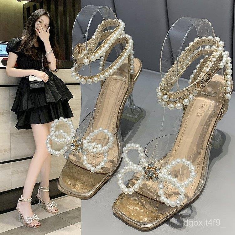 Sandal Hak Tinggi Mutiara, Gaya Peri Ujung Persegi Gesper Hak Stiletto Tali Gesper Remaja