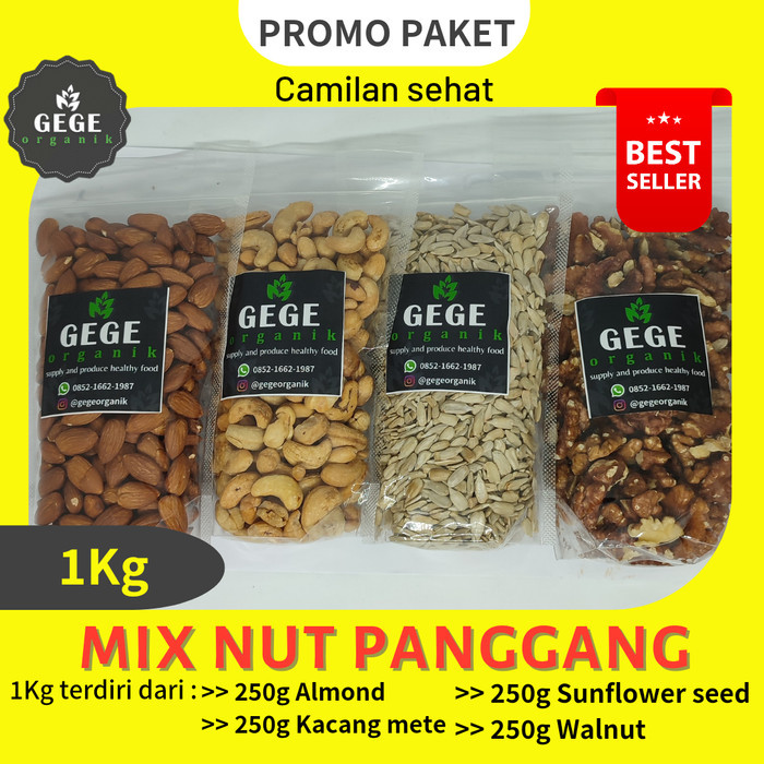 

Promo paket mix nut panggang almond, mete, sunflower seed, walnut 1kg