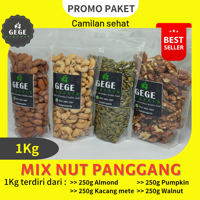 

Promo paket mix nut panggang almond, kacang mete, pumpkin, walnut 1kg