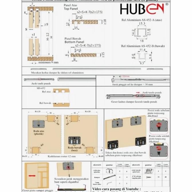 Roda Tanpa Rel Pintu Lemari Sliding Geser Slowmotion Huben 452 / 2 Pnt