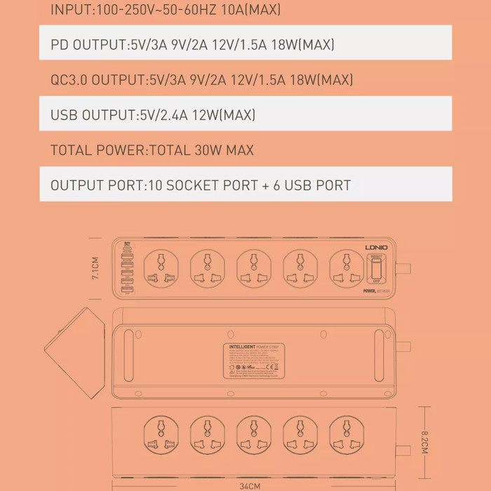 LDNIO SC10610 Power Strip Extension Stop Kontak 10 Soet 5 USB 1 PD