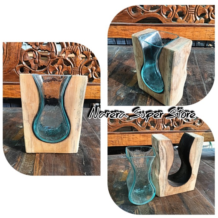 VAS BUNGA AQUARIUM KACA TIUP 25CM TATAKAN ALAS KAYU NATURAL MURAH