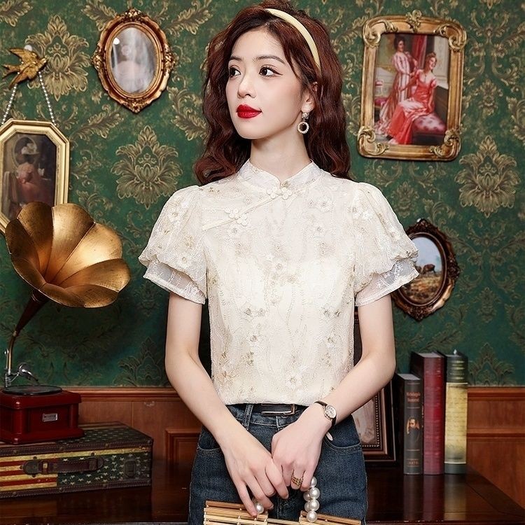 Kualitas Tinggi Kemeja Wanita Bergaya Cina Baju Atasan Gelembung  Kerah Berdiri