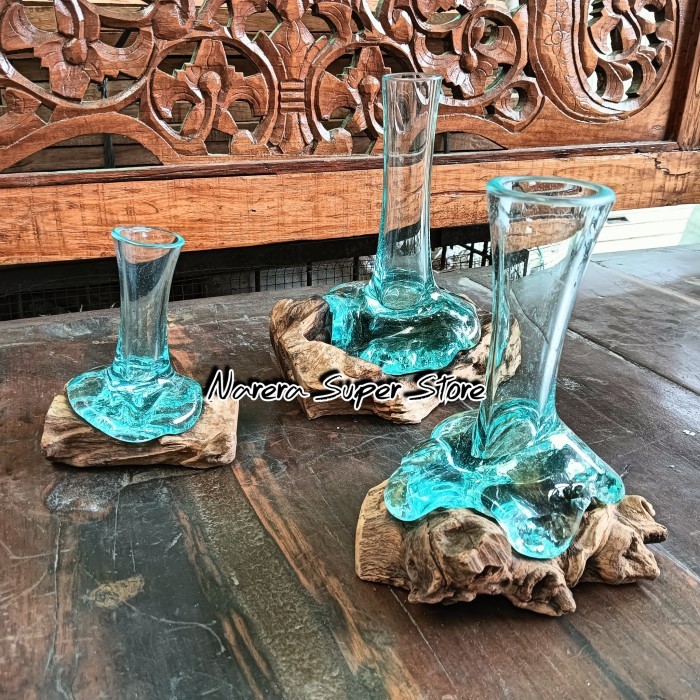 VAS BUNGA CANTIK 15 CM KACA TIUP ALAS AKAR KAYU MURAH EKONOMIS NATURAL
