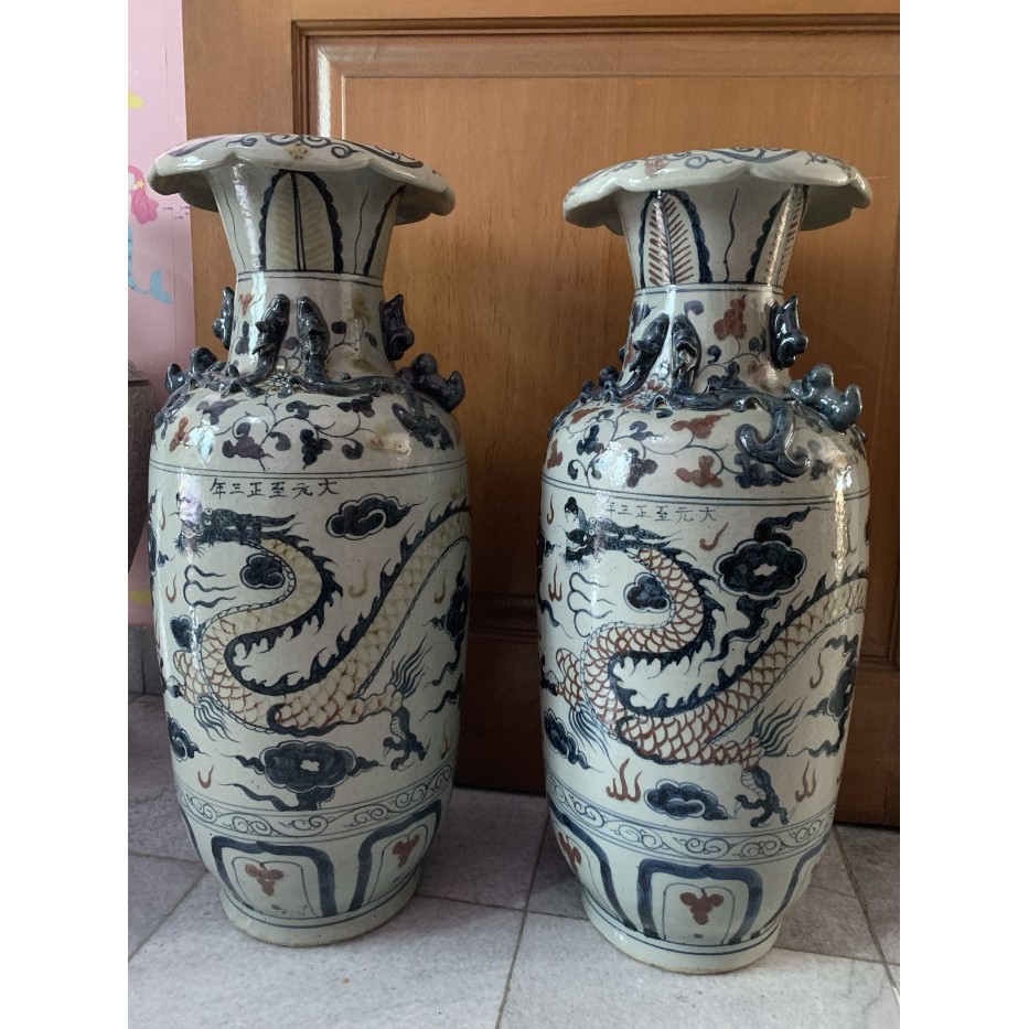 GUCI KERAMIK CINA TUA ANTIK NAGA TINGGI 65CM SEPASANG