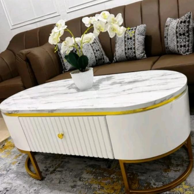 Meja Tamu Oval Kekinian Meja Sofa Motif Marmer Meja Tamu Minimalis Tokoharapan_Indah