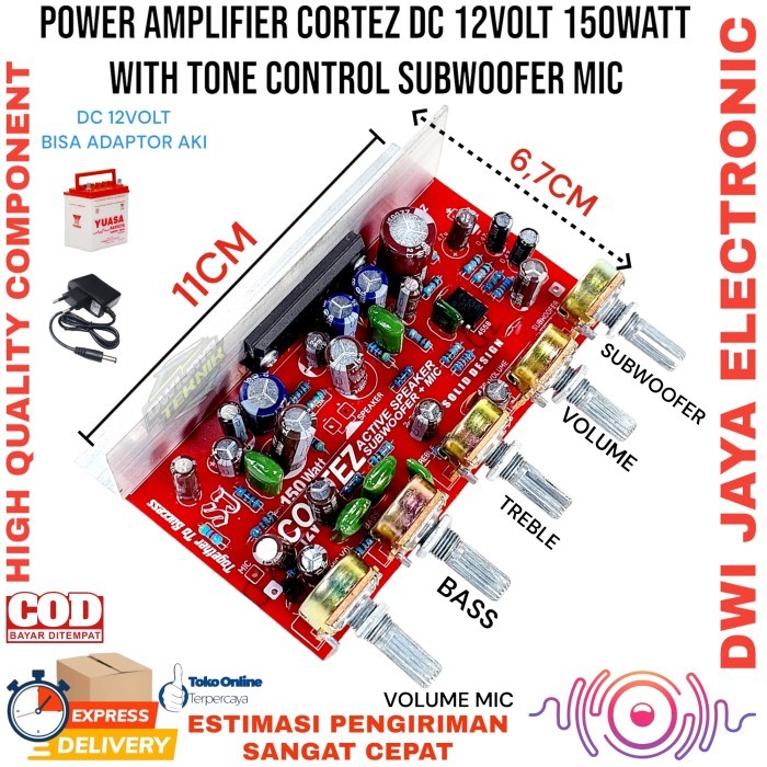 Power Amplifier DC CORTEZ 12volt 150watt with tone control SUBWOOFER