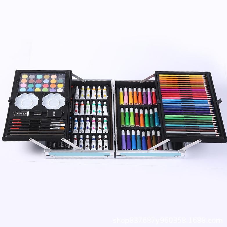 

gjk-25 WD Crayon Set 145pcs Koper Aluminium Besi Krayon Pensil Warna 145 Pcs Box Alat Lukis Anak Koper Set Viral