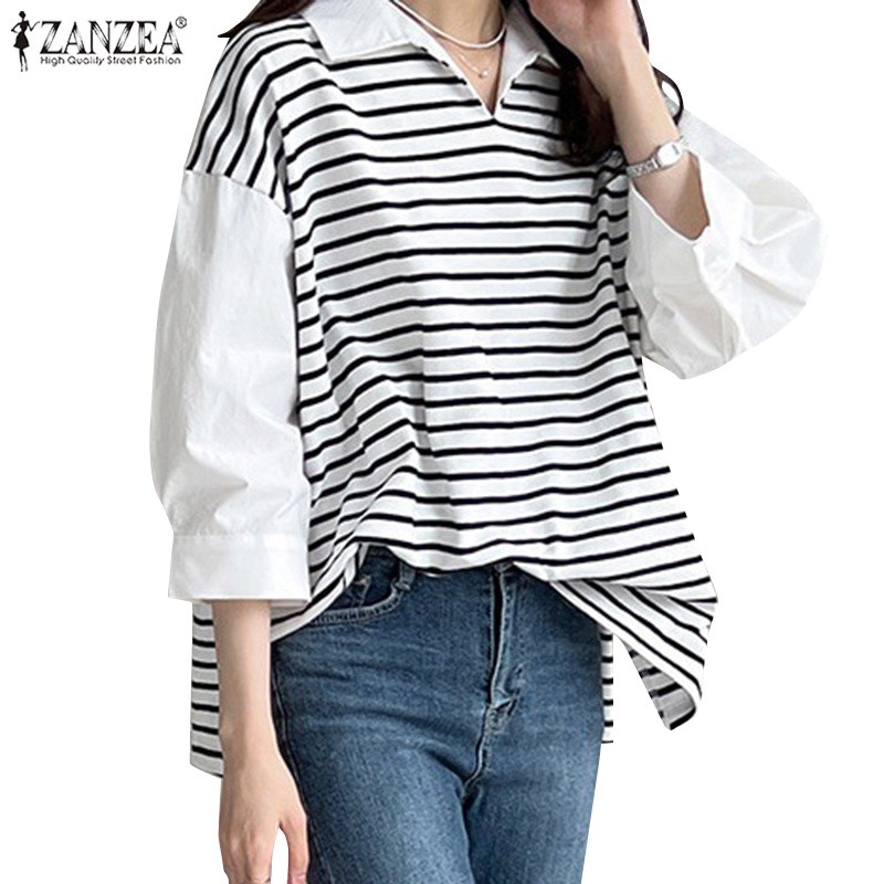 ZANZEA Atasan Patchwork Bergaris V-Neck Lengan Panjang Kasual Wanita |GCPobfKB|