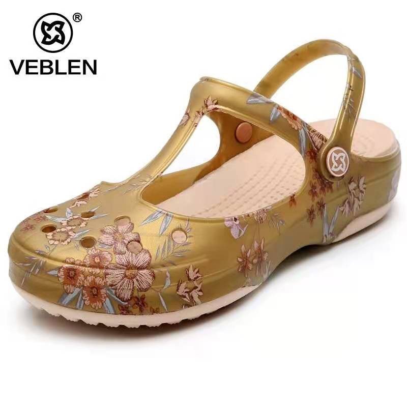 VEBLEN Sandal wanita asli robek sepatu wedges hak ganda sepatu pantai sandal motif bunga 2021 baru |