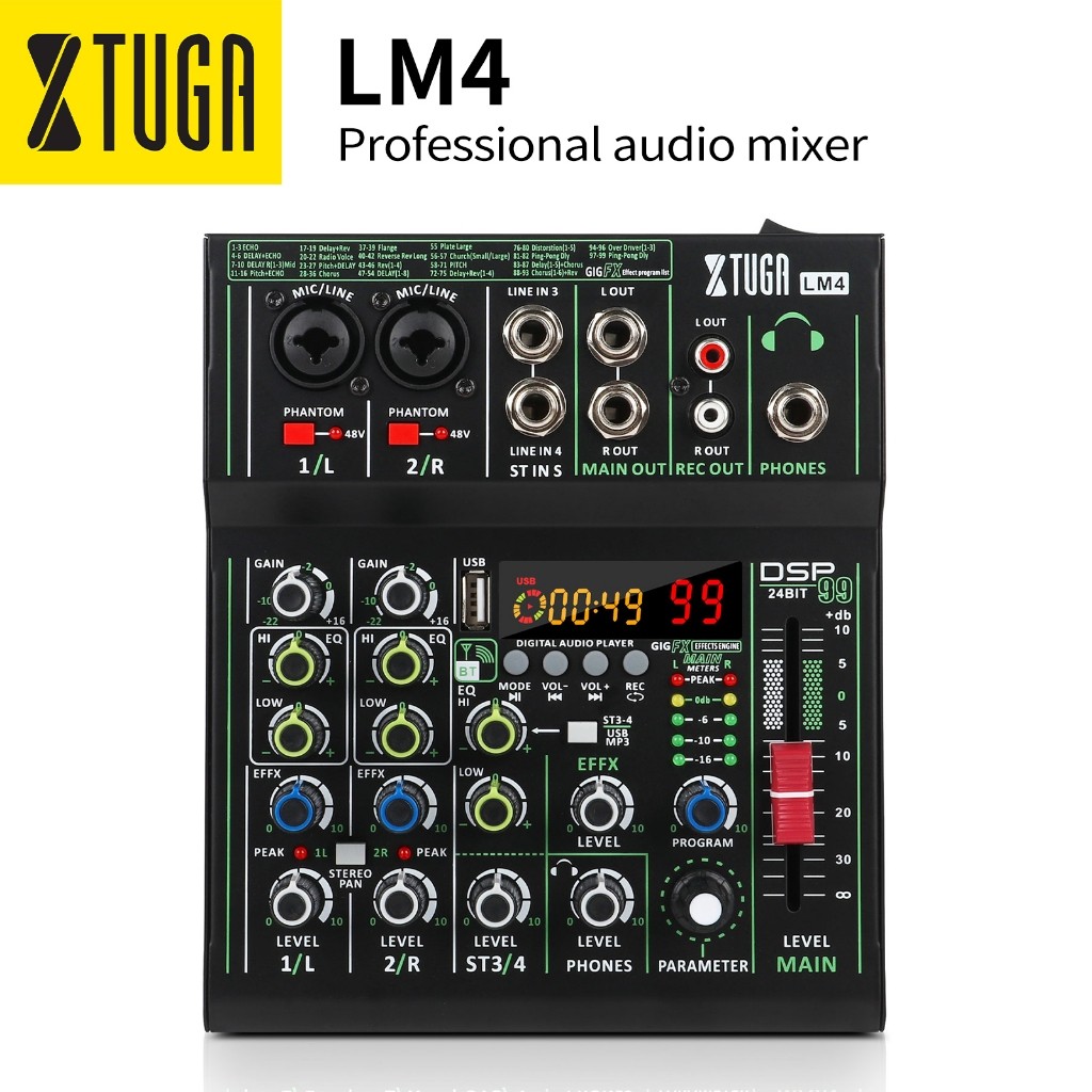 XTUGA 4 Saluran Mixer Audio LM4 Konsol Pencampur Suara Mini Portabel Dengan Antarmuka USB, Bluetooth