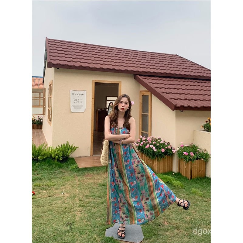 Gaun Panjang Tanpa Lengan Wanita, Gaun Selempang Bunga Antik Gaya China Baru Musim Panas